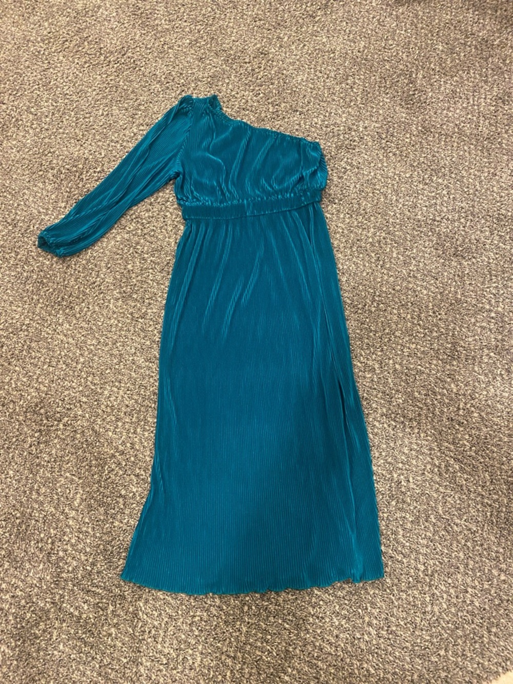 One-Shoulder Teal Pleated Maxi Dress - Women